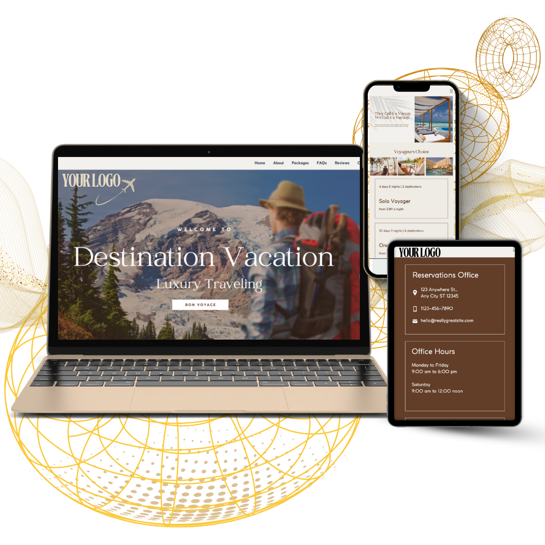 Graphic displaying website design services on a laptop, phone, and tablet, demonstrating our commitment to creating responsive and user-friendly websites for any device.