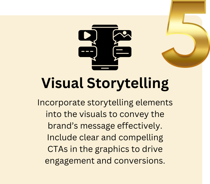 Graphic illustrating Step 5 of our image and graphic development process: Visual Storytelling, emphasizing the use of compelling visuals to tell your brand’s story and engage your audience on social media.